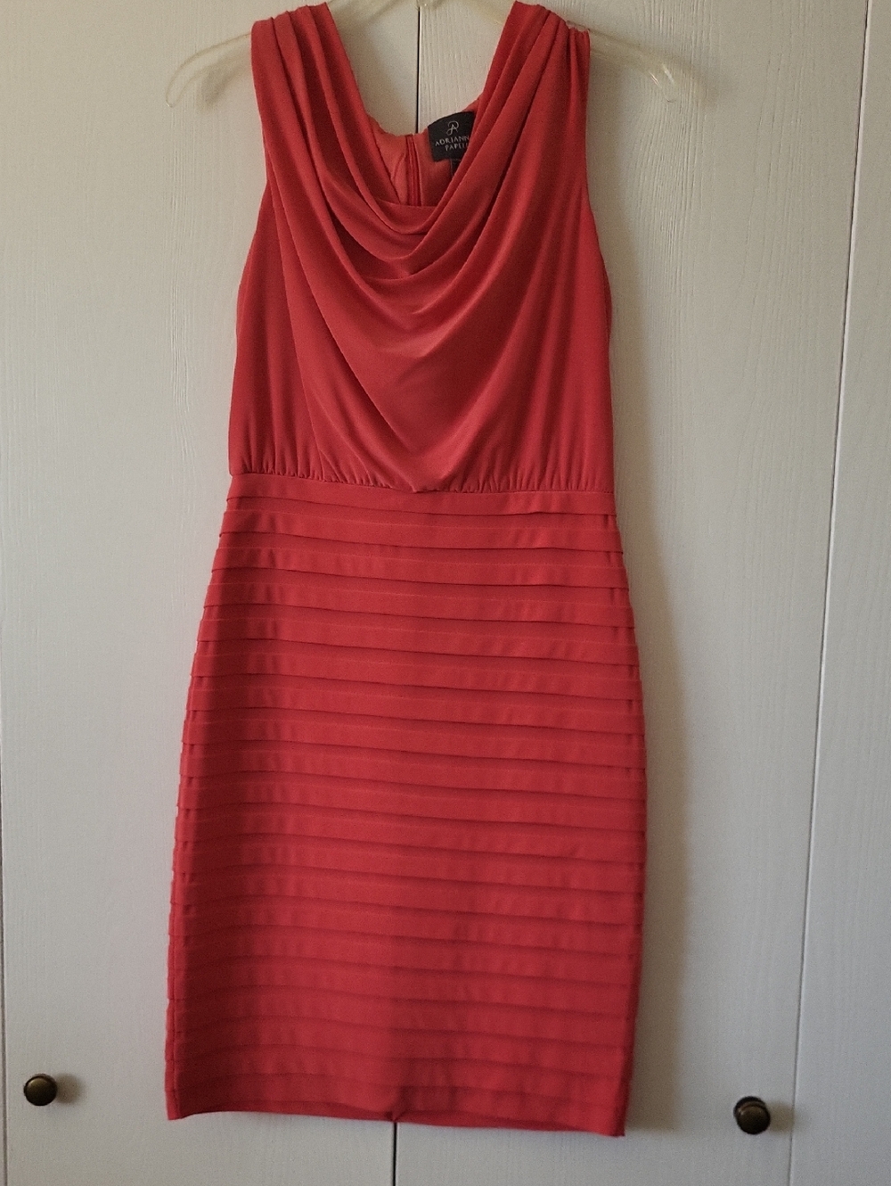 Adrianna Papell Coral Red Sleeveless Cowl Neck Midi Dress